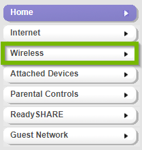 Menu with Wireless option selected. Screenshot.