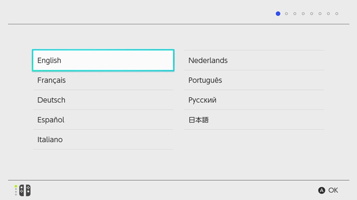 Nintendo switch setup screen showing english selected