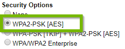 Security options with WPA2-PSK AES selected. Screenshot.