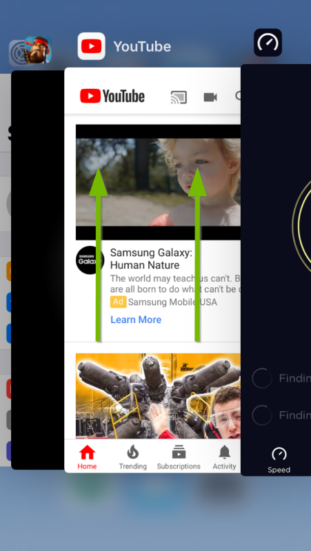 Recent programs screen with arrows indicating to swipe up on an app