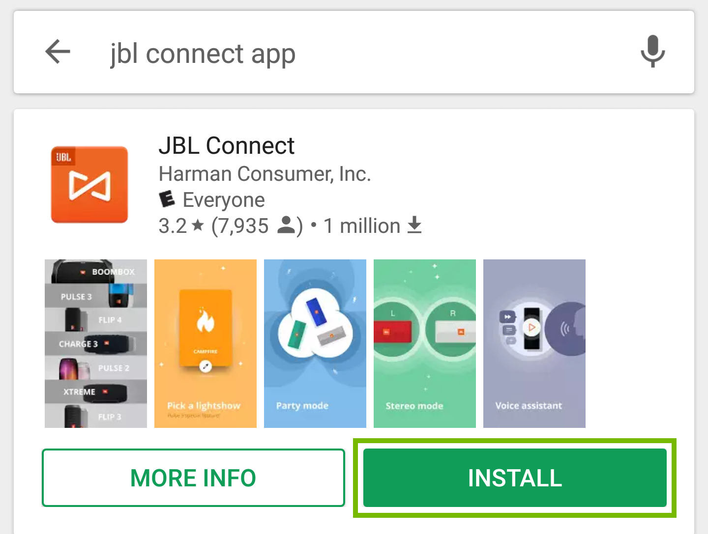 Play Store search results with Install button highlighted