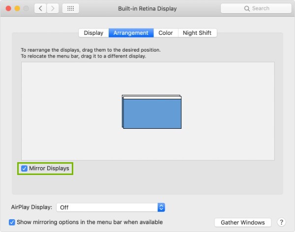Mirror Displays box highlighted