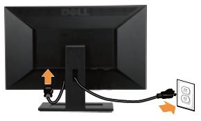 Arrows pointing a power cable to monitor and outlet