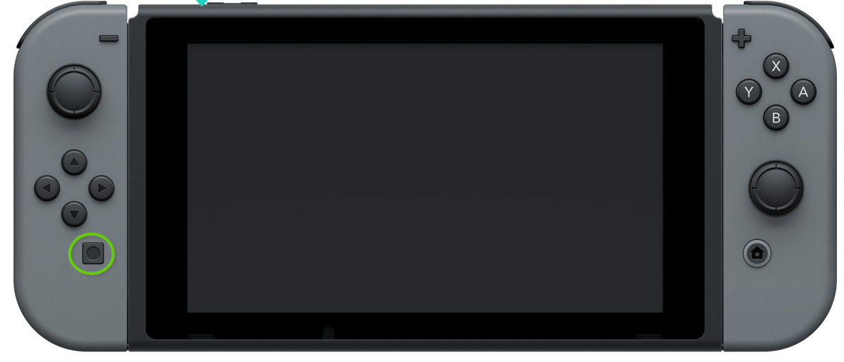 Nintendo Switch console showing the screenshot button highlighted on the left Joy-Con