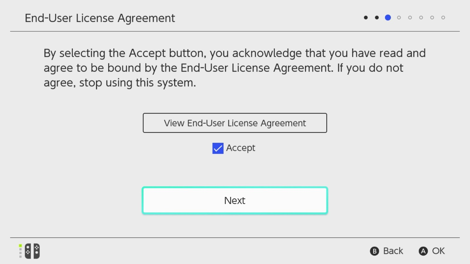Nintendo switch setup screen with EULA.
