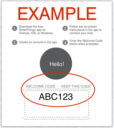 Smartthings hub welcome code card