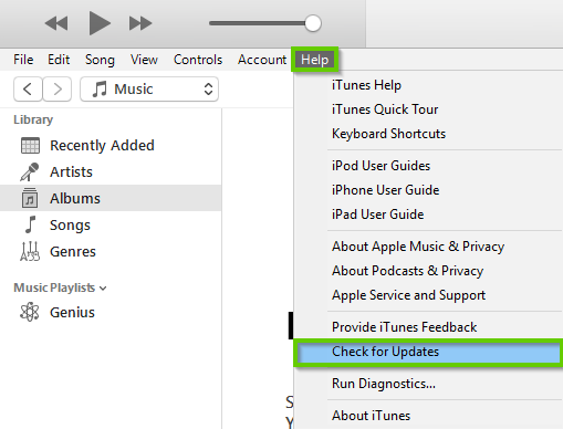 iTunes help menu open showing check for updates