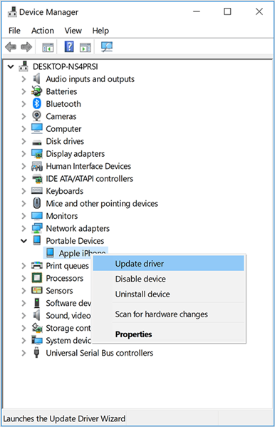 Windows 10 device manager showing update driver for apple iphone