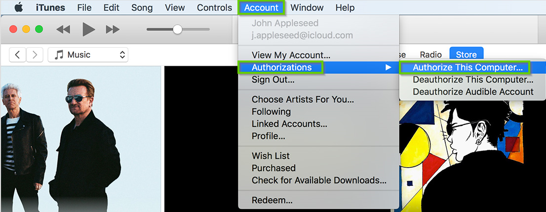 macOS version of iTunes showing how to authorize