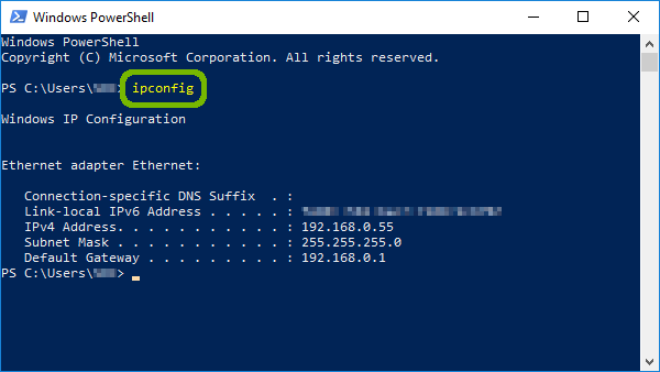 PowerShell with ipconfig command highlighted.