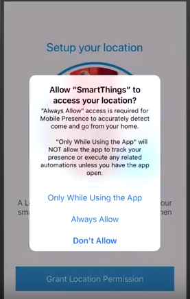 iOS allow smartthings to access your location popup