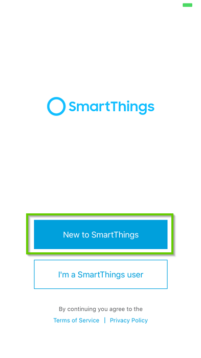 Smartthings first time setup page with new to smartthings highlighted