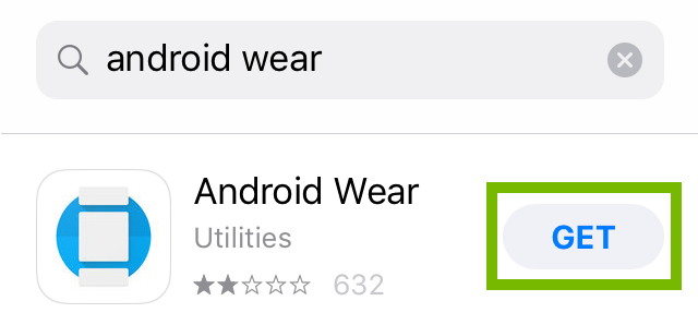android wear search results with android wear app and a green box around get