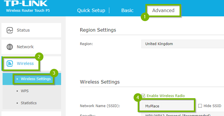 Wireless settings screen with 1. Advanced 2. Wireless 3. Wireless settings and 4. Network name highlighted