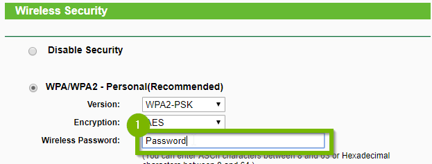 Wireless Security with 1. Password field highlighted