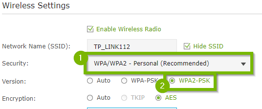 Wireless Settings with 1. Security WPA/WPA2 Personal (Recommended) and WPA2-PSK highlighted