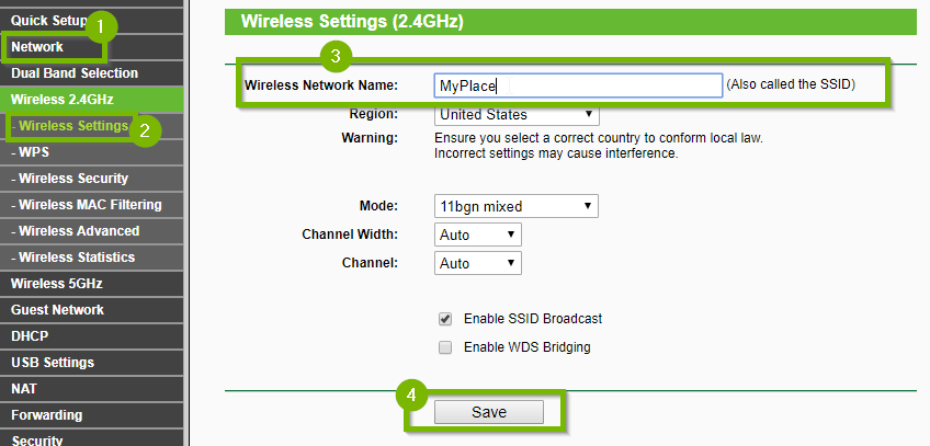 Wireless settings screen with 1. Network 2. Wireless Settings 3. Wireless Network Name and 4. Save buttons highlighted