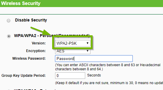 Wireless Security with WPA2-PSK highlighted