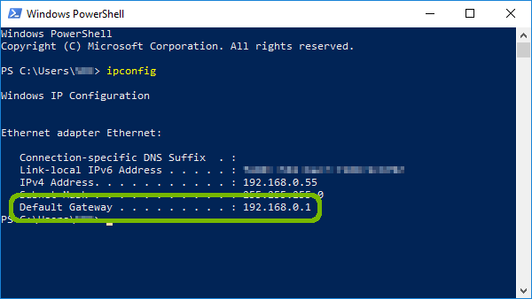 ipconfig output with Default Gateway highlighted.