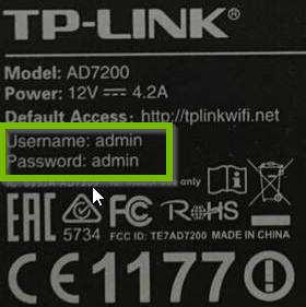 Example of TP-Link label with default username and password highlighted
