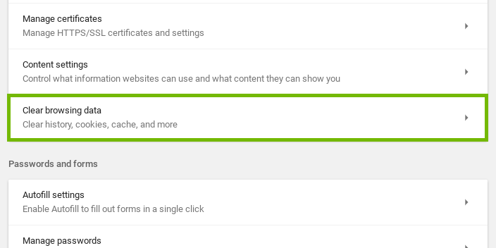 Chrome options with clear browsing data highlighted