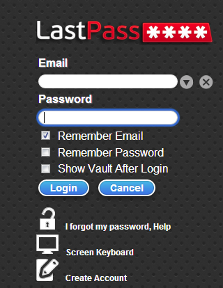 LastPass manager log in screen