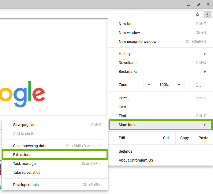 screenshot of the Chrome menu with more tools then extensions highlighted