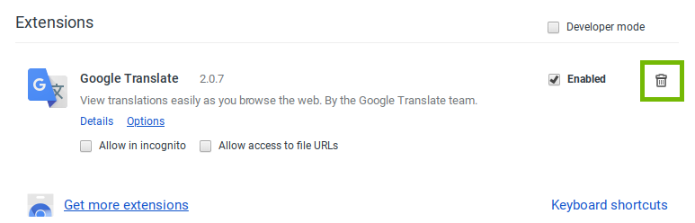 Screenshot of Chrome extensions with the trash can icon highlighted