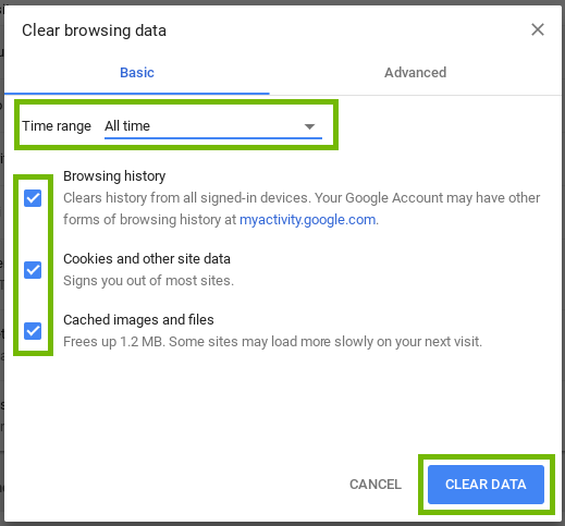 clear browsing data dialog with time range and checkboxes highlighted