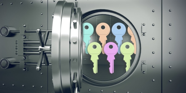 A vault with multi-colored keys stored within. Illustration.