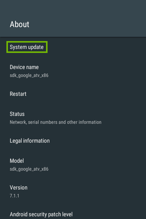 About menu with System update highlighted.