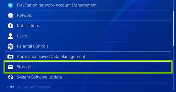Settings with Storage highlighted.