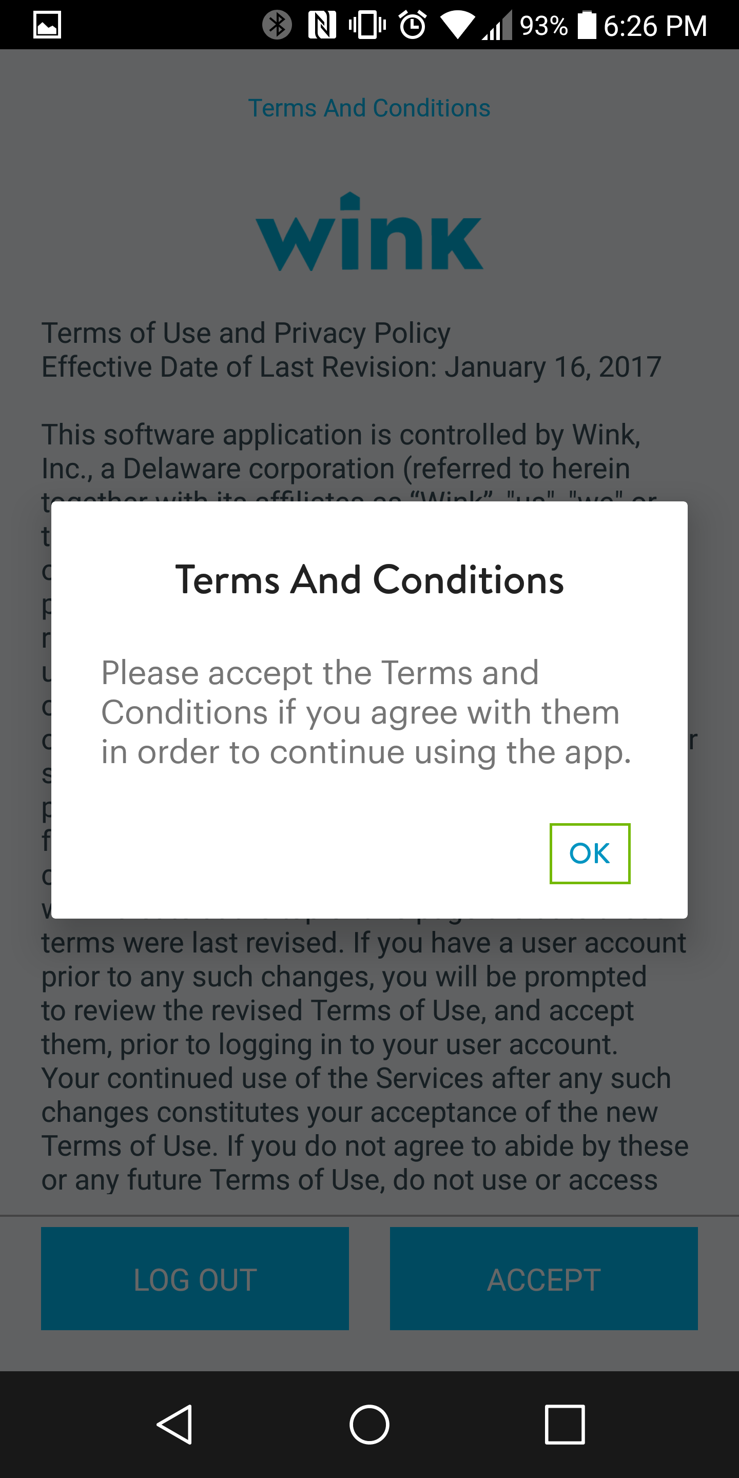 terms and conditions dialog with ok button highlighted