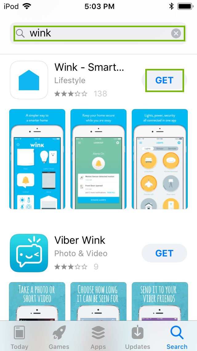 wink app page with get highlighted