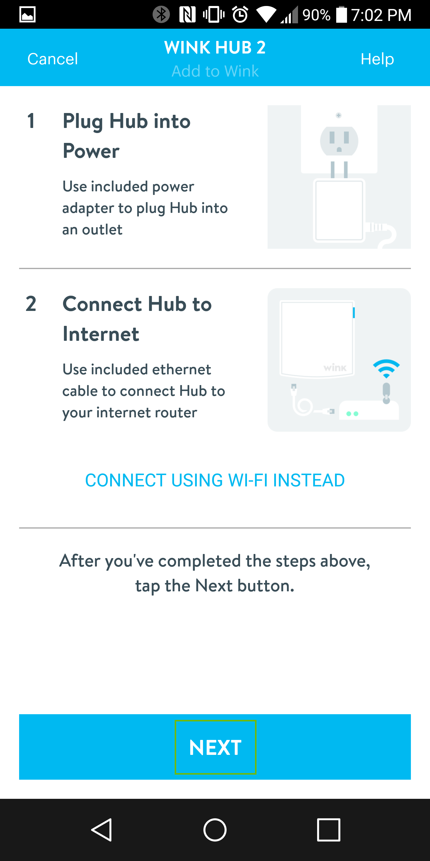 connection screen with next highlighted