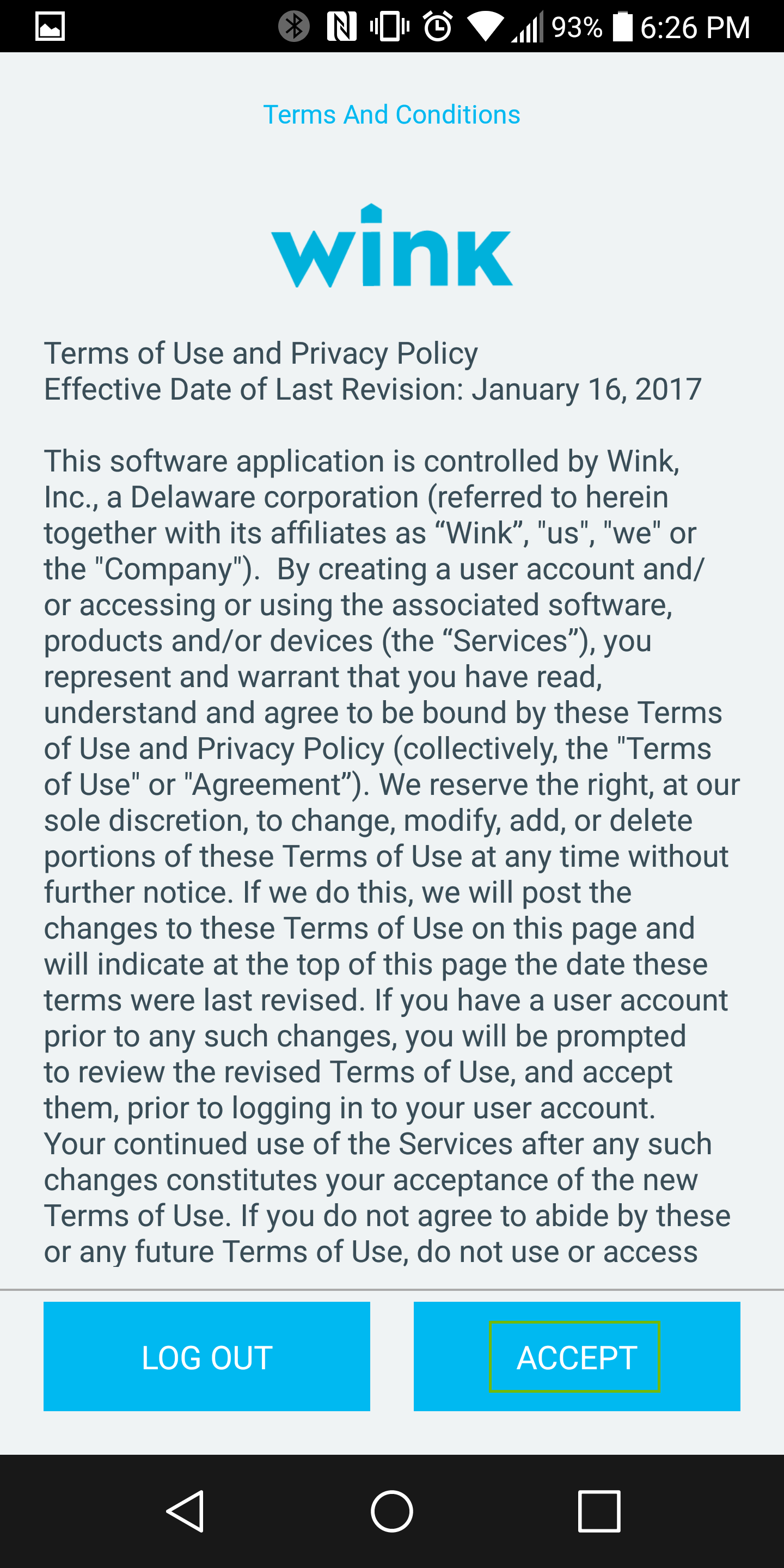 terms and conditions displayed with accept highlighted