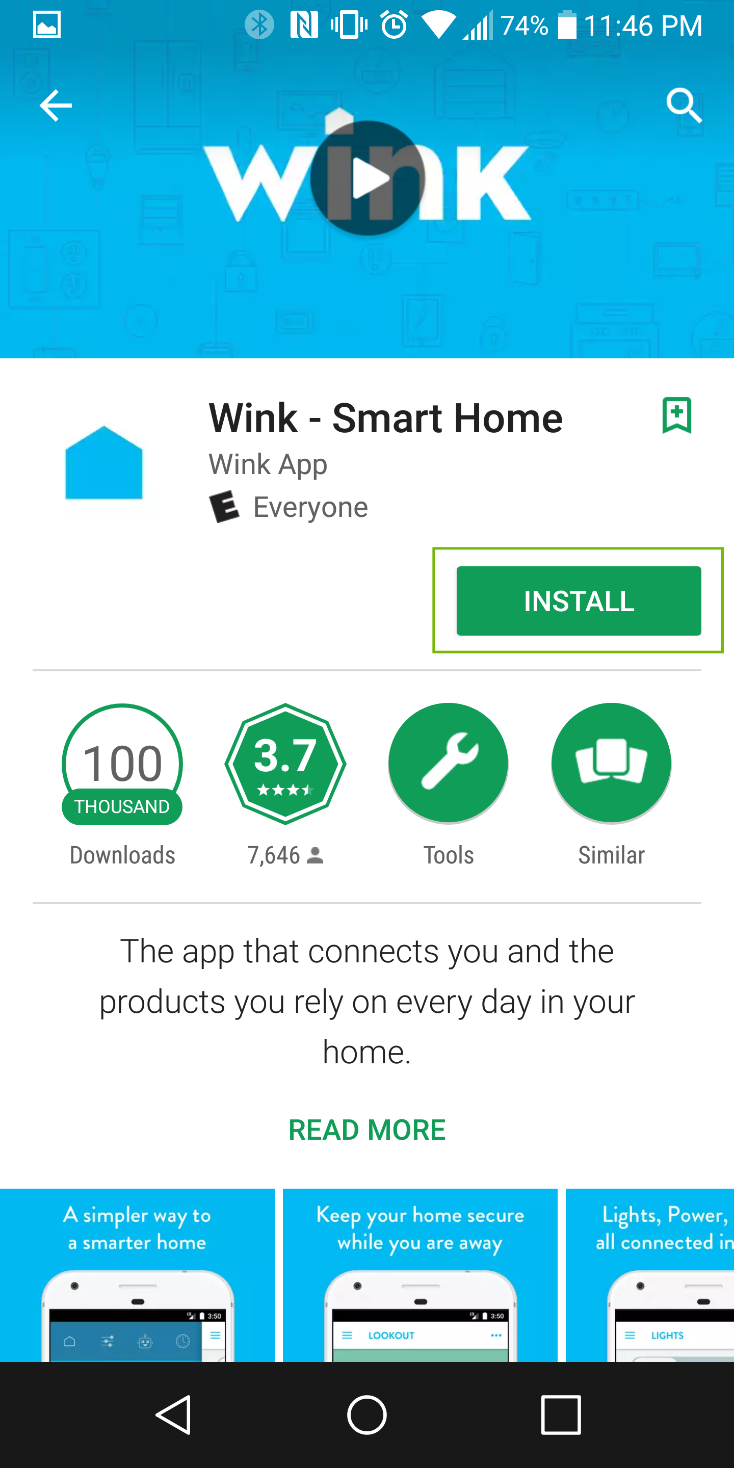 wink app page with install highlighted