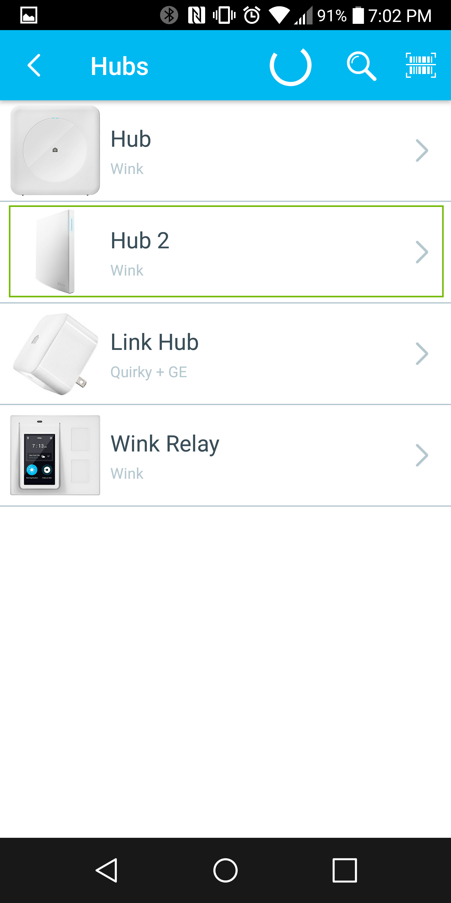 hubs menu with hub 2 highlighted