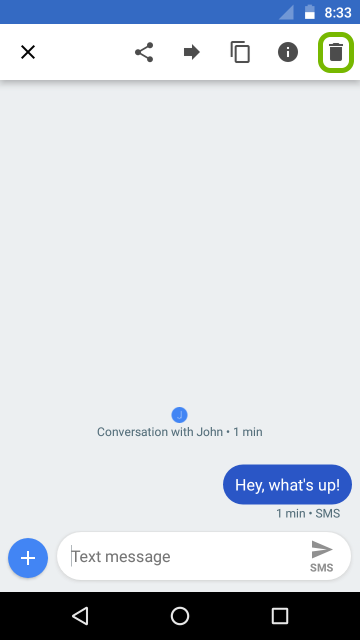 Trash can highlighted for selected message.