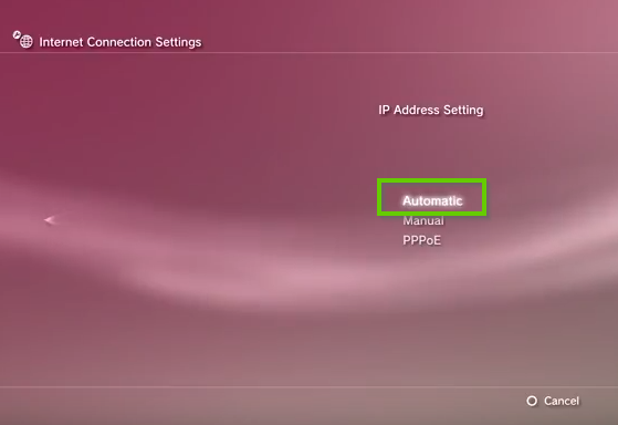 PS3 internet connection settings with automatic ip address settings