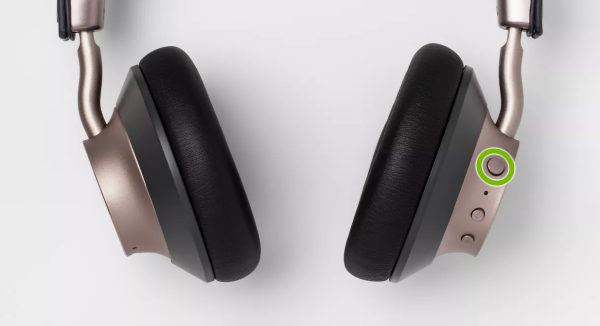 Power button highlighted on Heyday Wireless Headphones.
