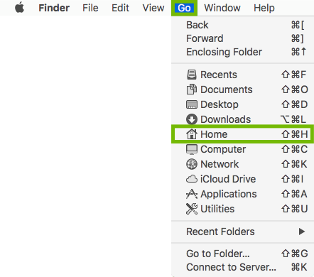 Finder Go menu with Home highlighted.