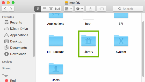 Mac HD with Library highlighted.