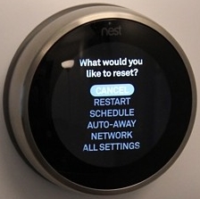 Nest thermostat reset menu highlighting the restart option.