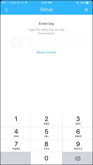 Nest app setup screen prompting the user to enter the Nest entry key.