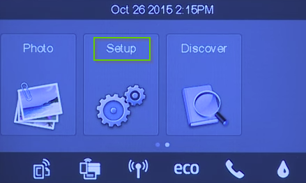 HP printer screen showing setup highlighted