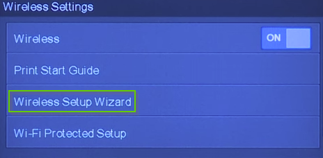 HP printer wireless settings with wireless setup wizard highlighted