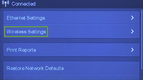 HP printer network setup screen with wireless settings highlighted
