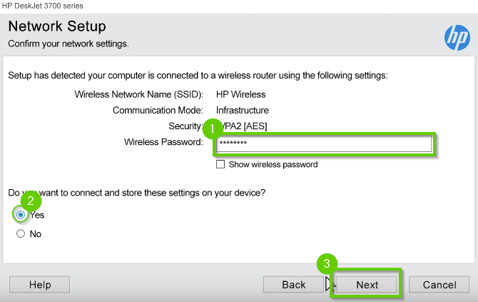 HP Printer installation highlighting the wireless password field, yes radio button, and next button.