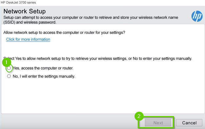 HP Printer installation highlighting the yes radio button and next button.